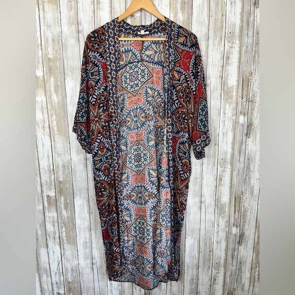 ODDY Tops - Oddy Boho Long Kimono With Pockets Navy Orange Red S/M Women’s